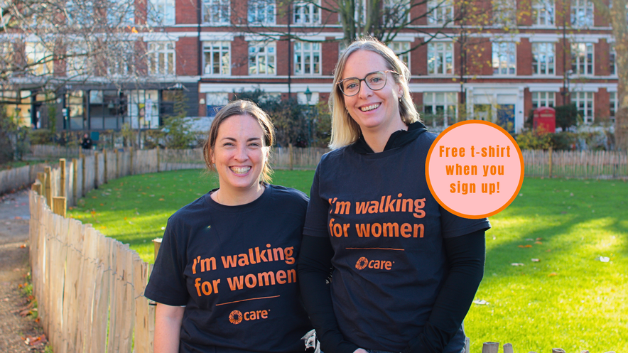 Two women wearing t-shirts that say 'I'm walking for women'. Text overlay that says 'Free t-shirt when you sign up!'