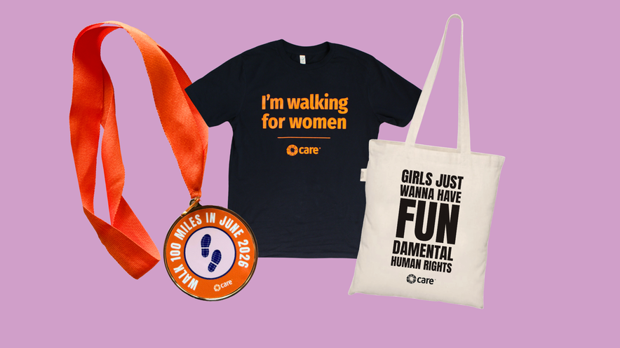 A t shirt that says 'I'm walking for women', a tote bag that says 'girls just wanna have FUNdamental human rights' and a medal that says 'Walk 100 miles in June 2026'