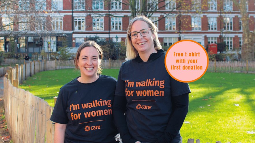 Two women wearing t-shirts that say 'I'm walking for women'. Graphic says 'free t-shirt with your first donation'
