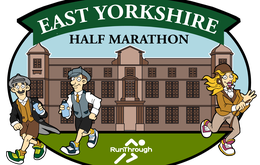 Cartoon image of runners dressed in riding gear in front of a stately home