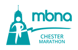 Logo of man running through tape at marathon finish