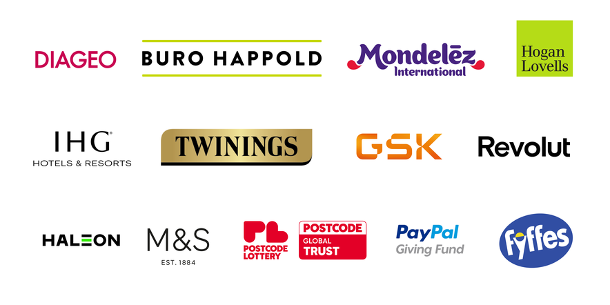 Logos for Diageo, Buro Happold, Mondelez, Hogan Lovells, IHG, Twinings, GSK, Revolut, Haleon, M&S, Postcode Lottery, PayPal, Fyffes