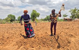 A woman and a man farming some very dry land