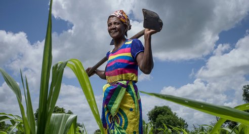 A woman stands holding a large spade in a field