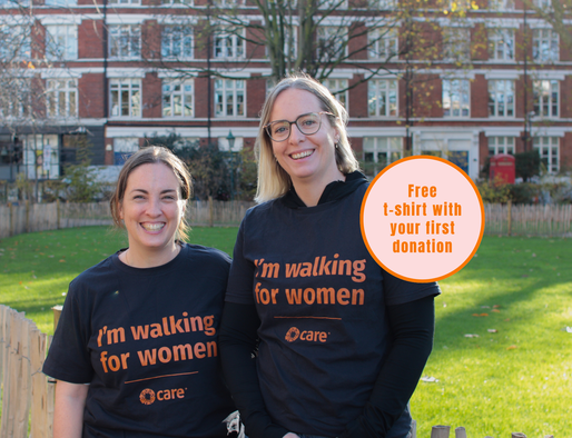 Two women wearing t-shirts that say 'I'm walking for women'. Graphic says 'free t-shirt with your first donation'