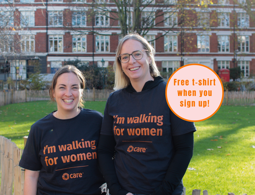 Image: Two women wearing t-shirts that say 'I'm walking for women'. Caption: Free t-shirt when you sign up!