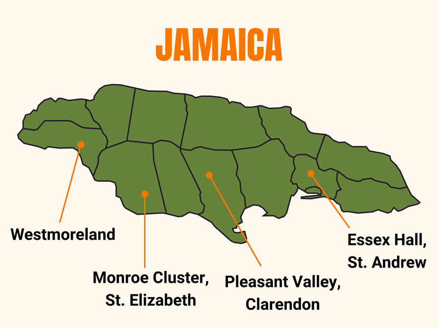 Map of Jamaica with visited parishes labelled