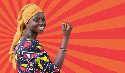 A woman holds her hand in a fist - there is a graphic background with orange and red stripes in kind of sunlight formation